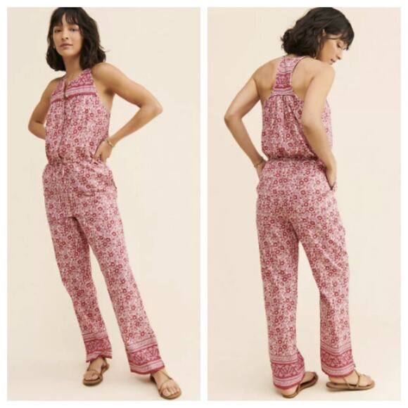 Anthropologie Faherty Women's Adella Floral Jumpsuit Red Pink Size L - Picture 1 of 9
